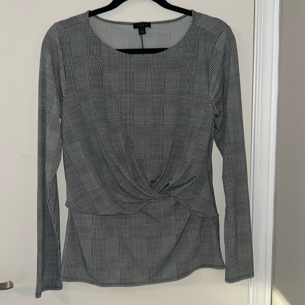 Ann Taylor Black White Houndstooth Twist Front Stretch Blouse Top